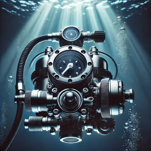 dalle 2024 09 04 15.40.24 an underwater scene featuring a scuba diving regulator from a slightly more distant perspective. the modern diving regulator including the first and 50