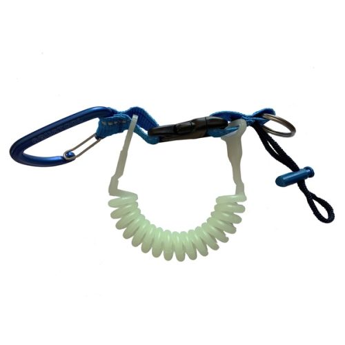 cordon jaune, noir ou bleu avec spirale phosphorecente mousqueton 80 mm (01501) et anneau brisé en inox 32 mm spd