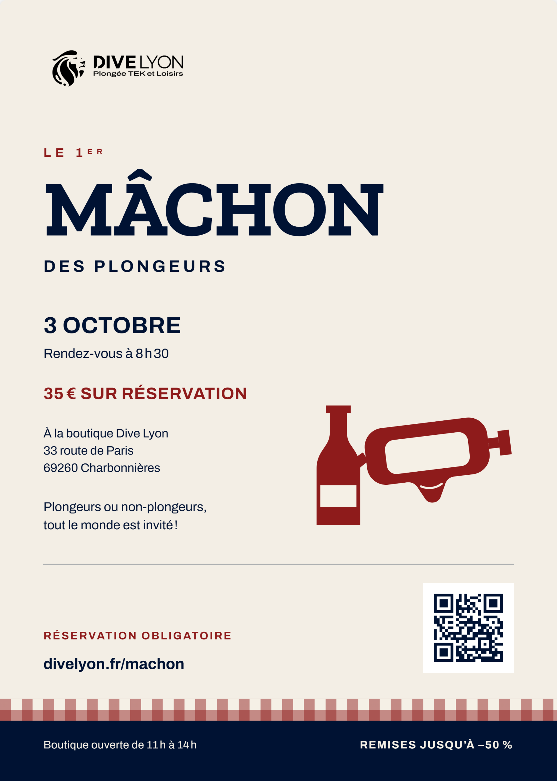 Affiche du 1er Mâchon des plongeurs de Dive Lyon — 3 octobre, rendez-vous à 8 h 30, boutique Dive Lyon à Charbonnières, 35 € sur réservation.