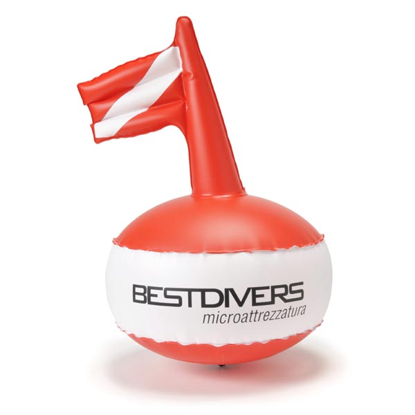 bouée de surface bestdivers ronde Ø38 cm avec drapeau gonflable fil 20 m rouge/blanc
