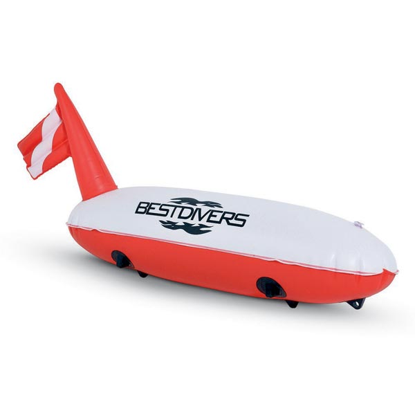bouée de surface bestdivers ovale avec drapeau gonflable fil 20 m rouge/blanc
